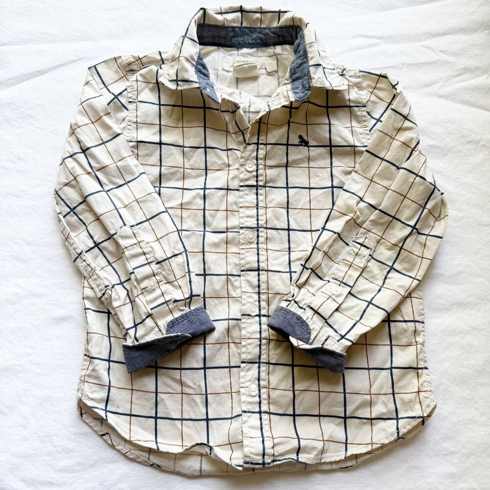 H&M Boys Beige & Navy Plaid Button-Up Shirt 5T